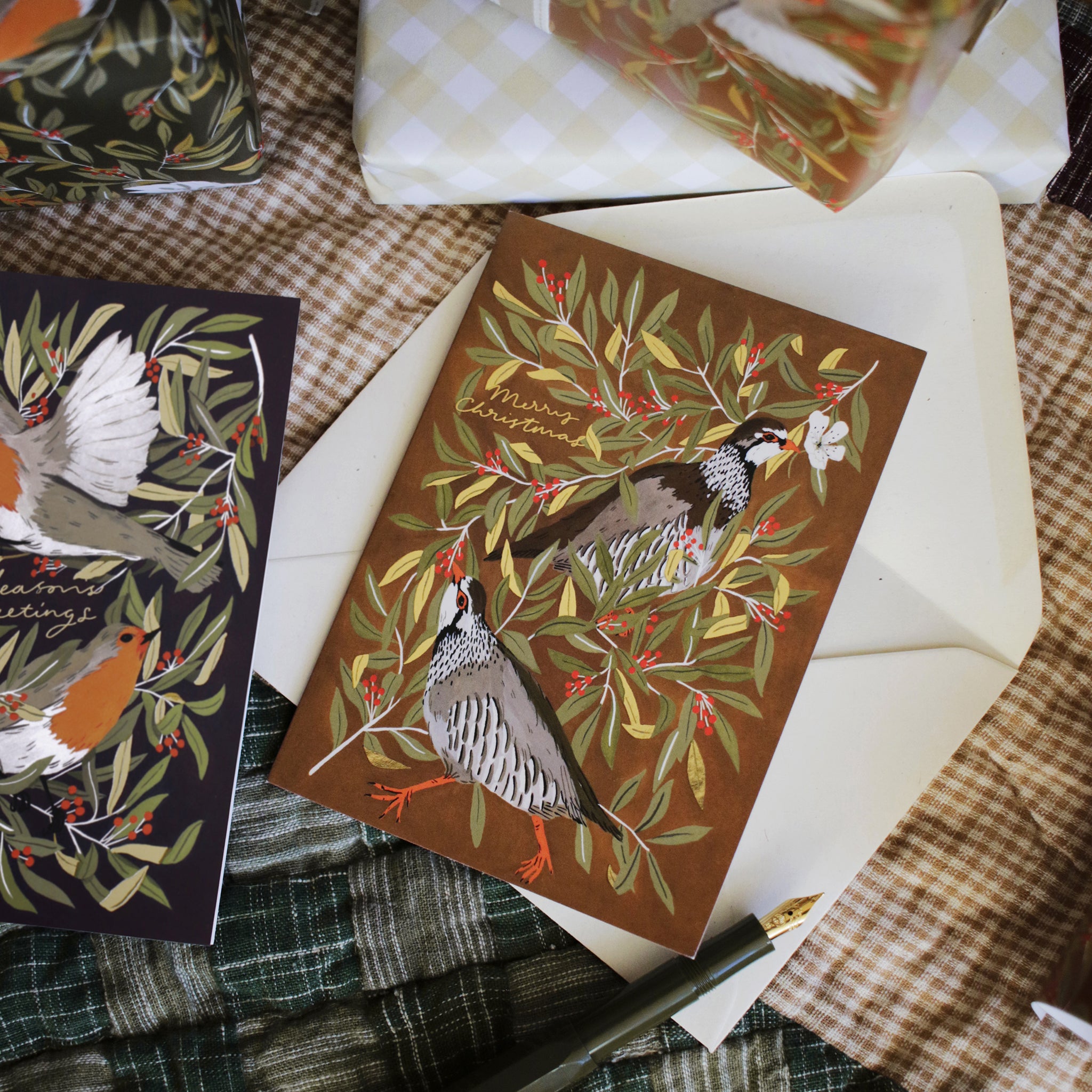illustrated partridge merry christmas card with recycled envelope