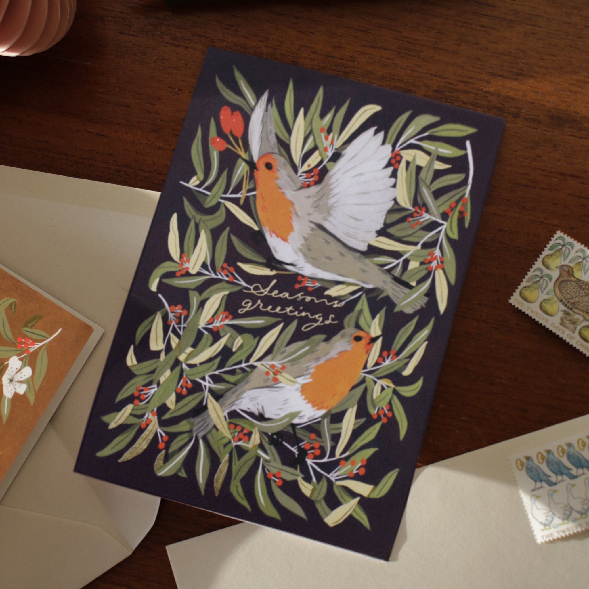 illustrated robins merry christmas card with recycled envelope