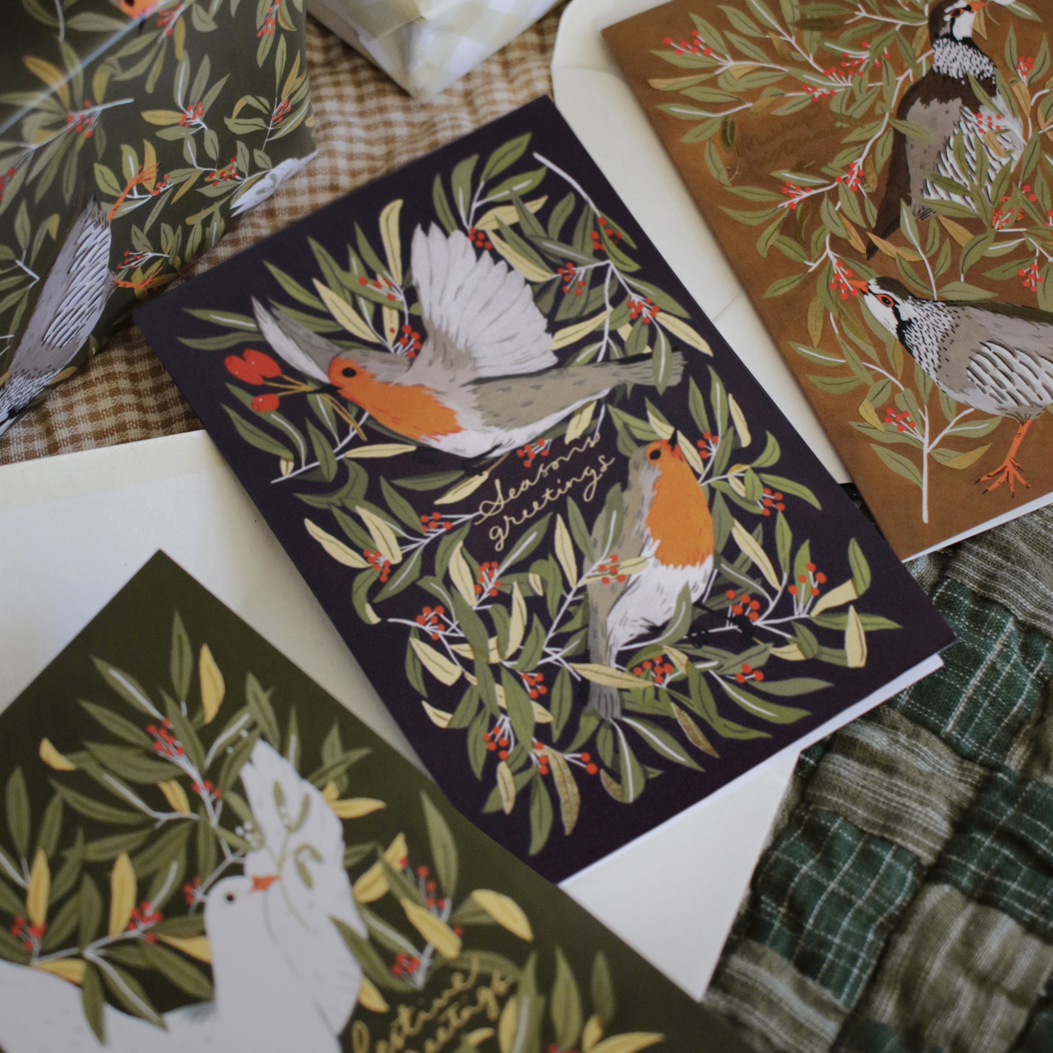 illustrated robins merry christmas card with recycled envelope