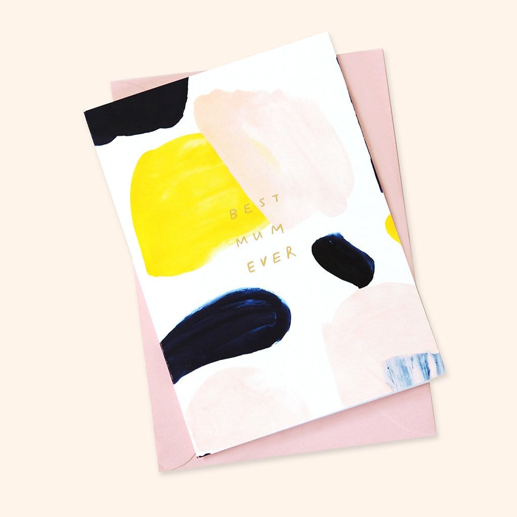 Paint Swatches In Pink Black And Yellow In An Abstract Design A6 White Card Coupled With Pink Envelope Reading Best Mum Ever - Annie Dornan Smith