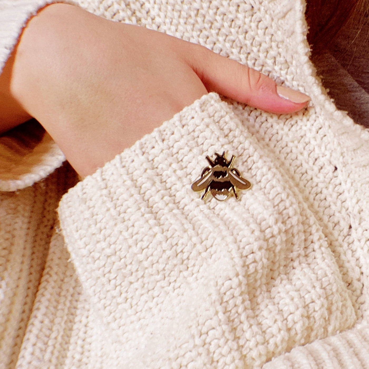 British Bee Gold Enamel Pin On White Jumper - Annie Dornan Smith