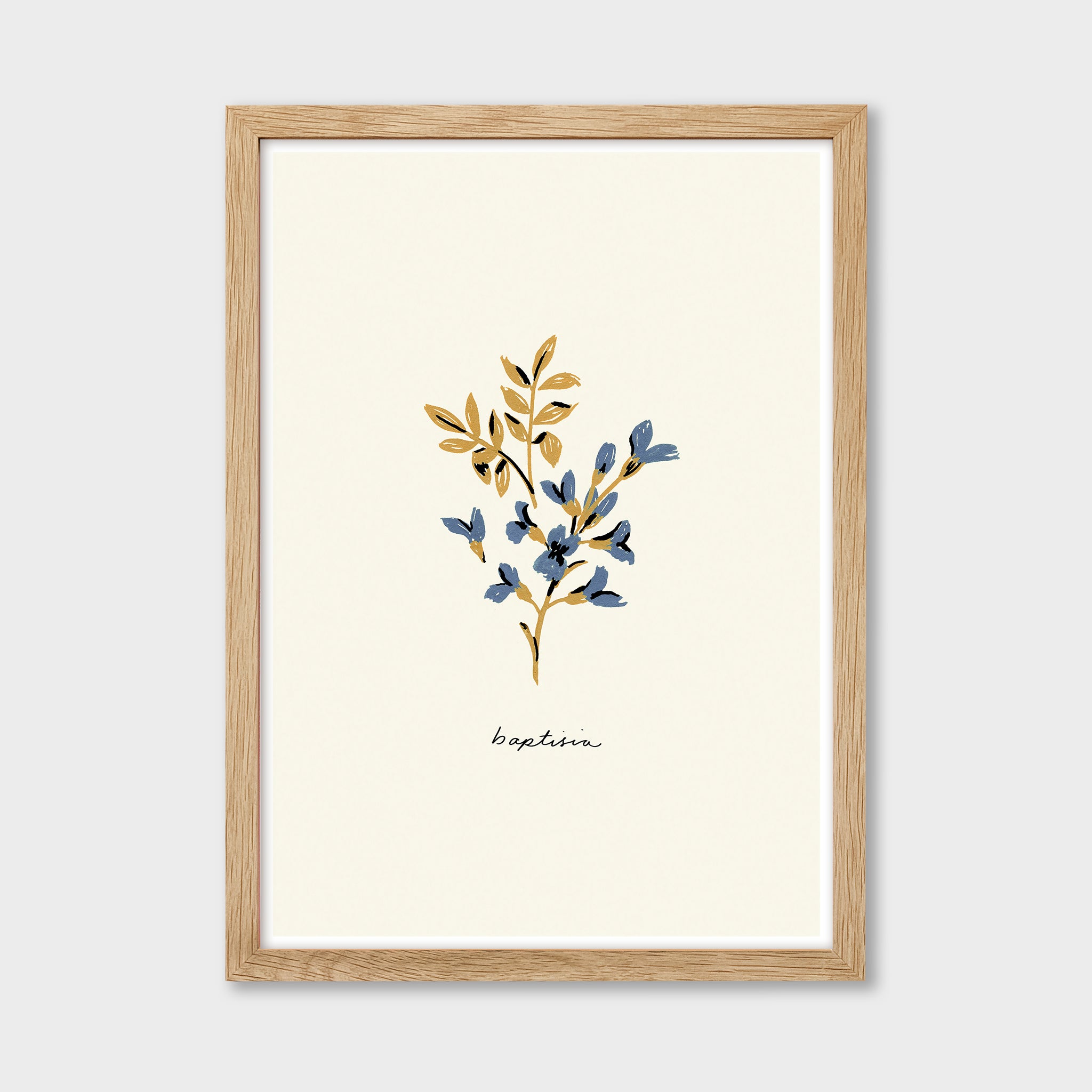 baptisia blue flower print in an oak frame