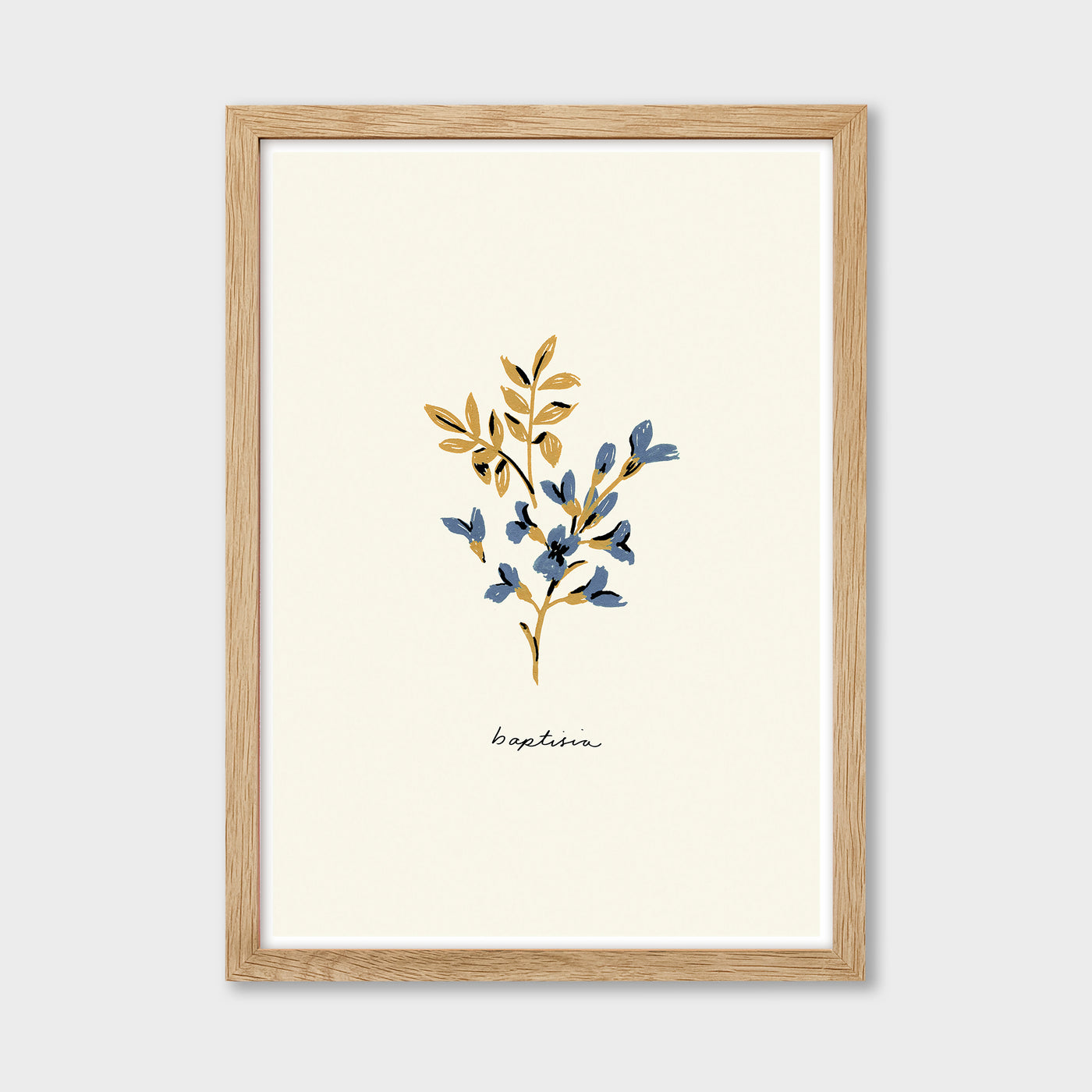 baptisia blue flower print in an oak frame