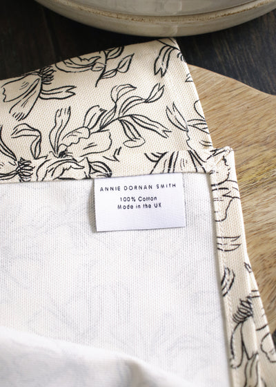 100% Cotton, Make in the UK Tea Towel, close up of label