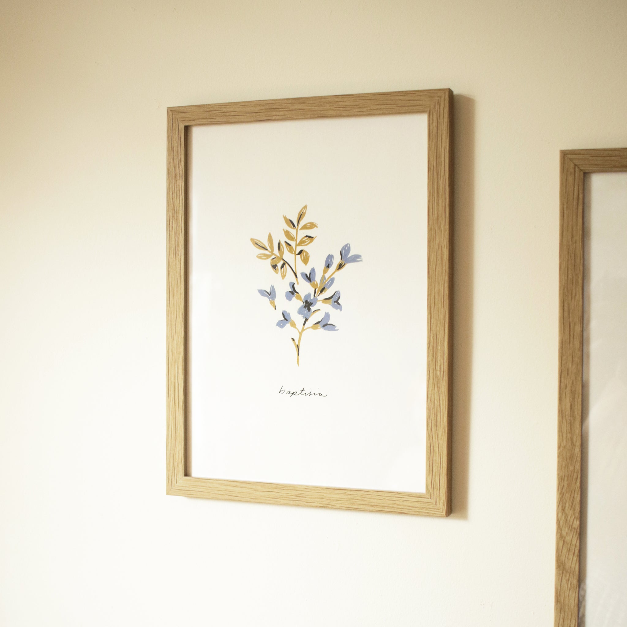 blue flower baptisia print in an oak frame