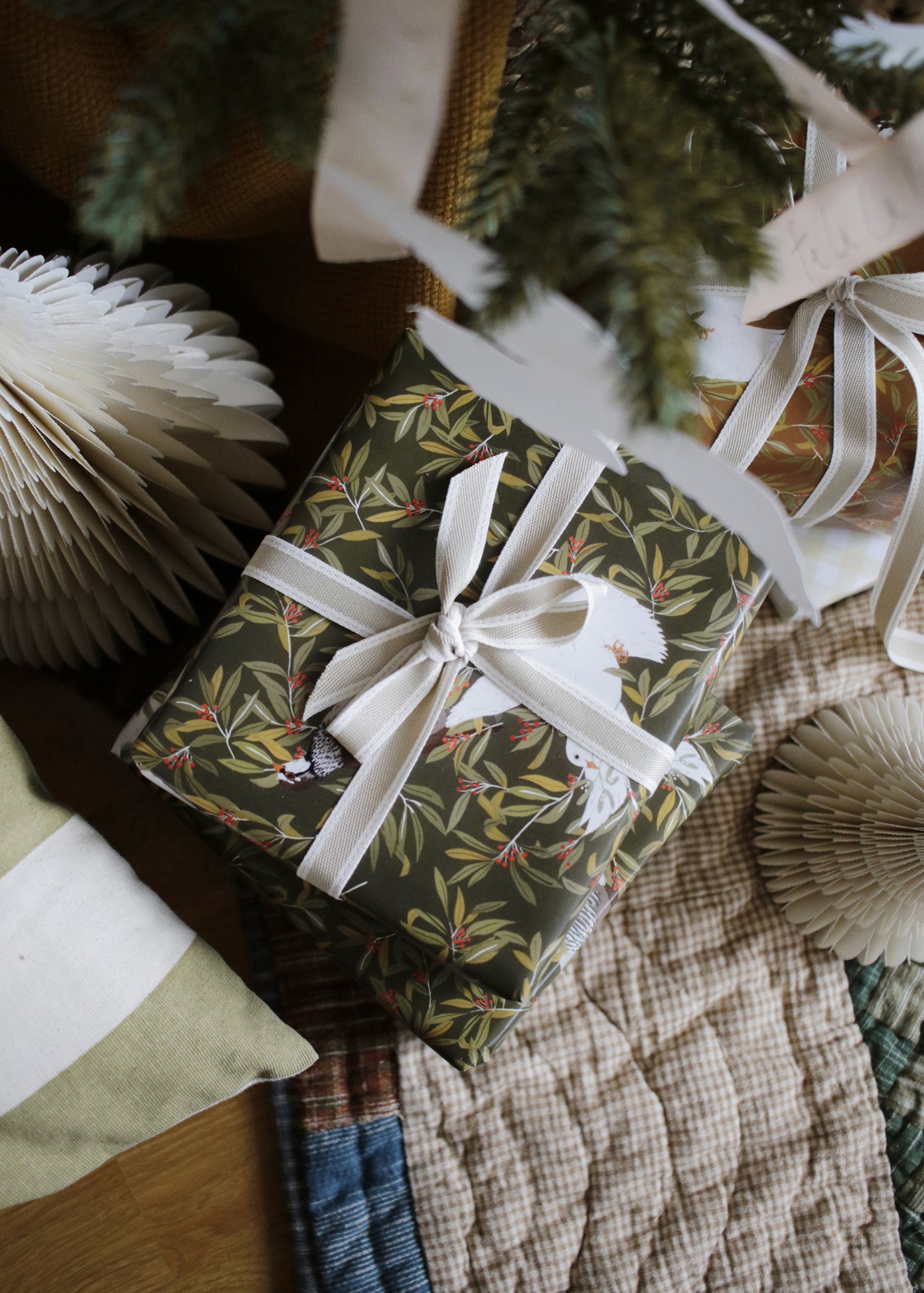 christmas bird wrapping paper - dove, robin and partridge pattern