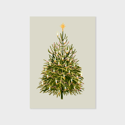 an a5 print of an illustrated christmas tree, decorated with candles and pink dotted garlands, against a pale green background.