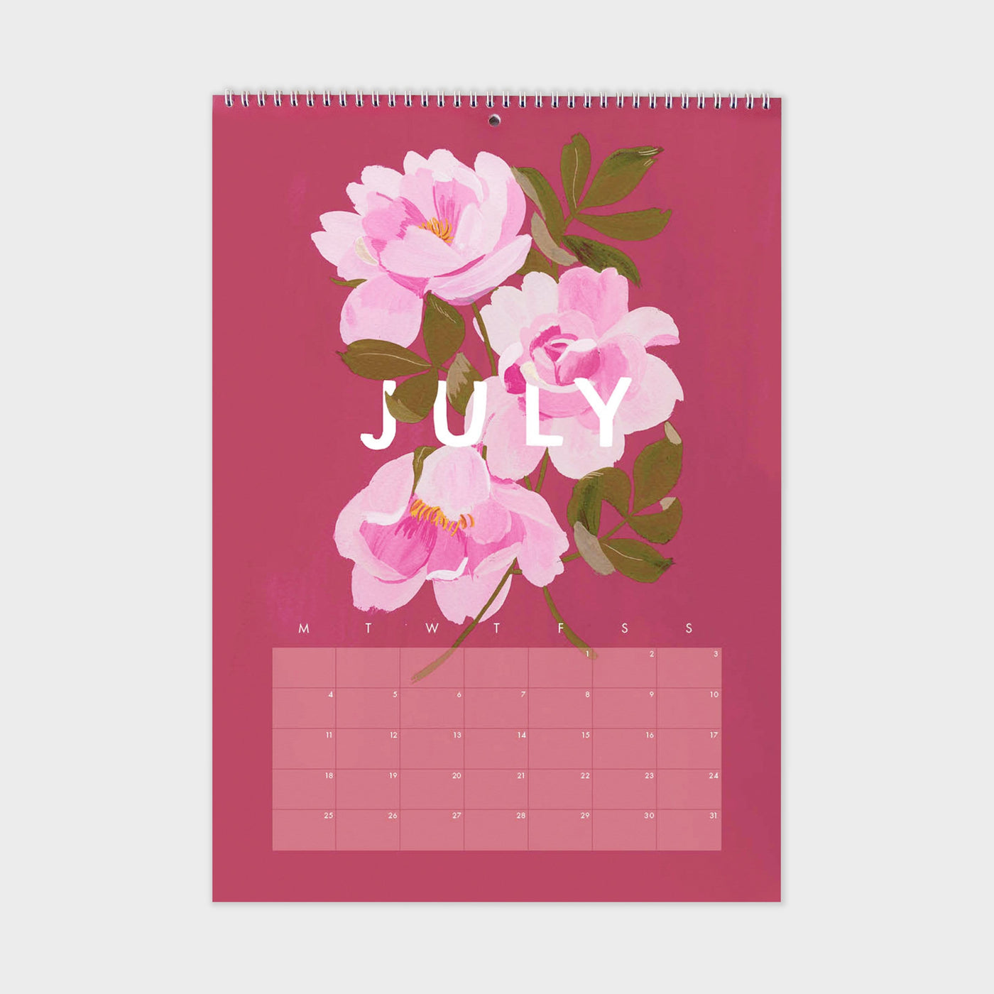 the "July" page - featuring pink roses on a hot pink background