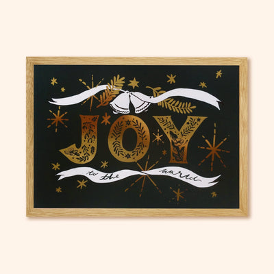 Black Christmas Print With Gold Joy Lettering And Stars In An Oak Frame - Annie Dornan Smith