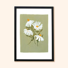 A Botanical Green With White Cone Flowers Floral Print In A Black Frame - Annie Dornan Smith