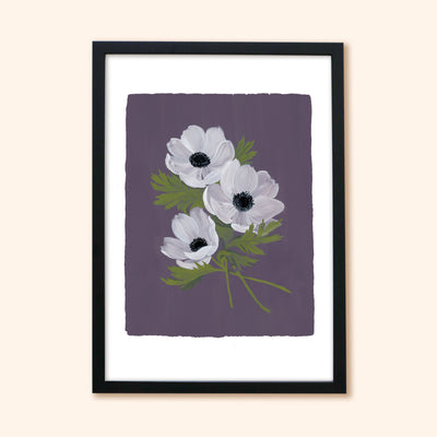 A Botanical Print With A Stem Of With Anemones On A Purple Background In A Black Frame - Annie Dornan Smith