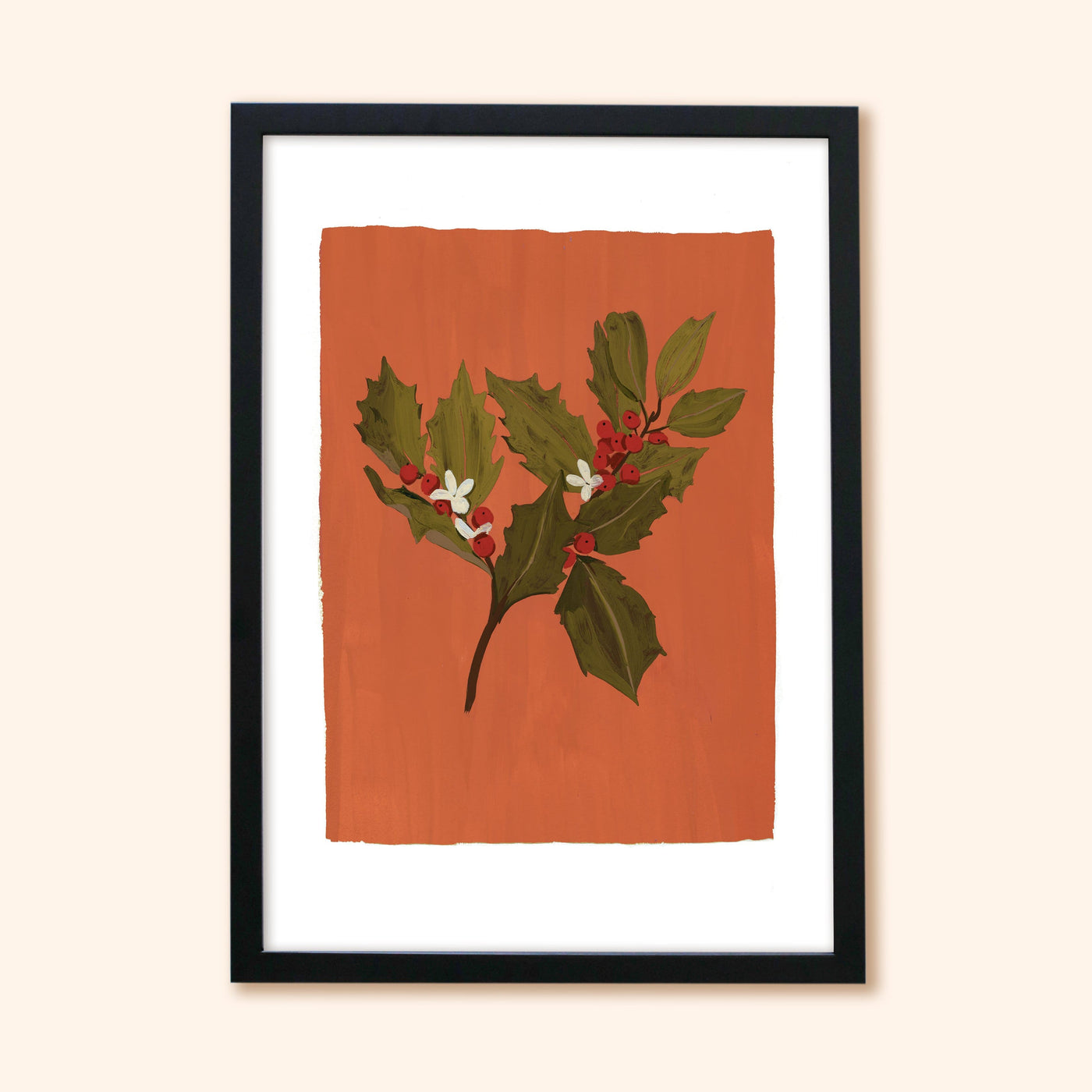 Botanical Illustration Of A Sprig Of Holy on A Warm Orange Background In A Black Frame - Annie Dornan Smith