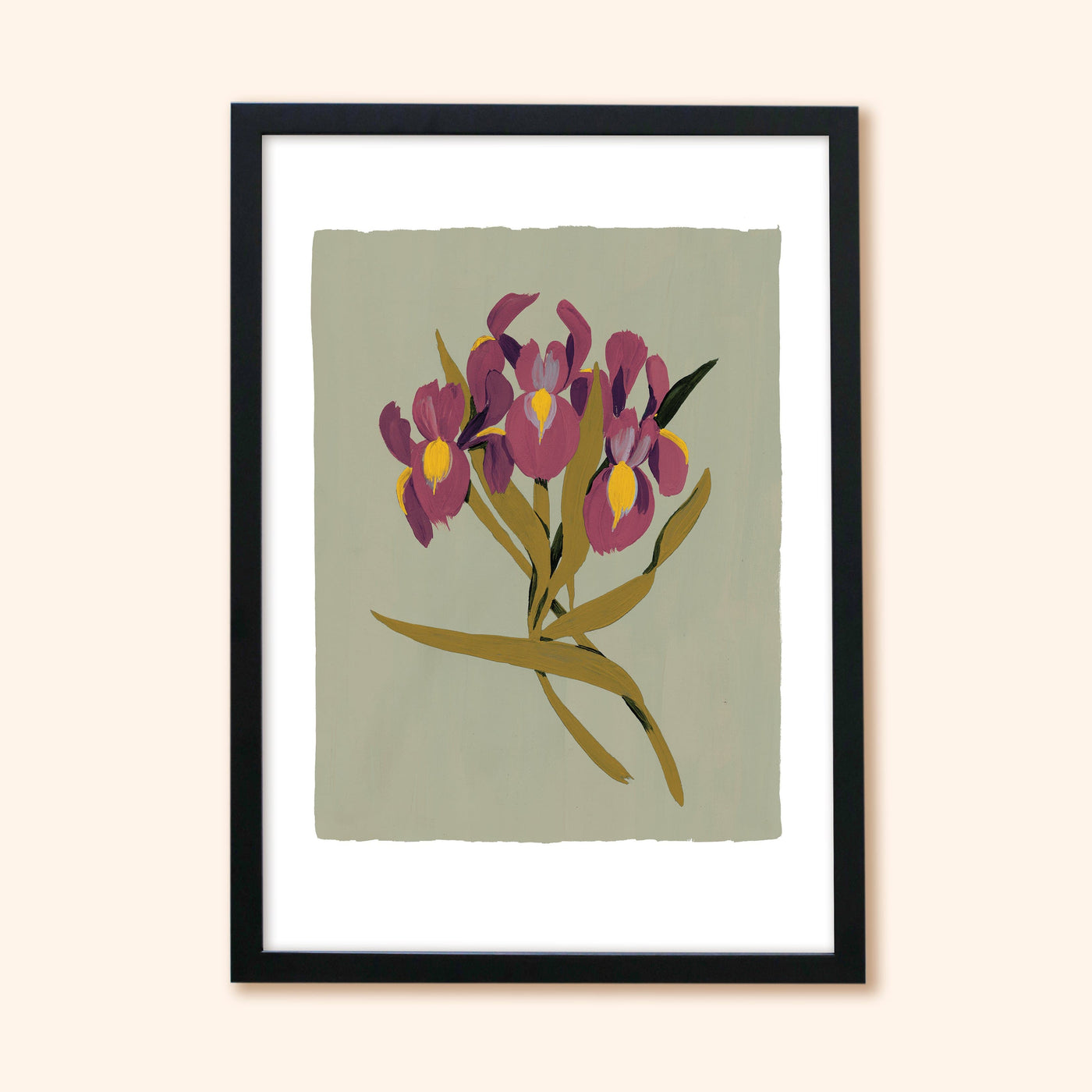 A Botanical Green Floral Print With Purple Iris's In A Black Frame - Annie Dornan Smith