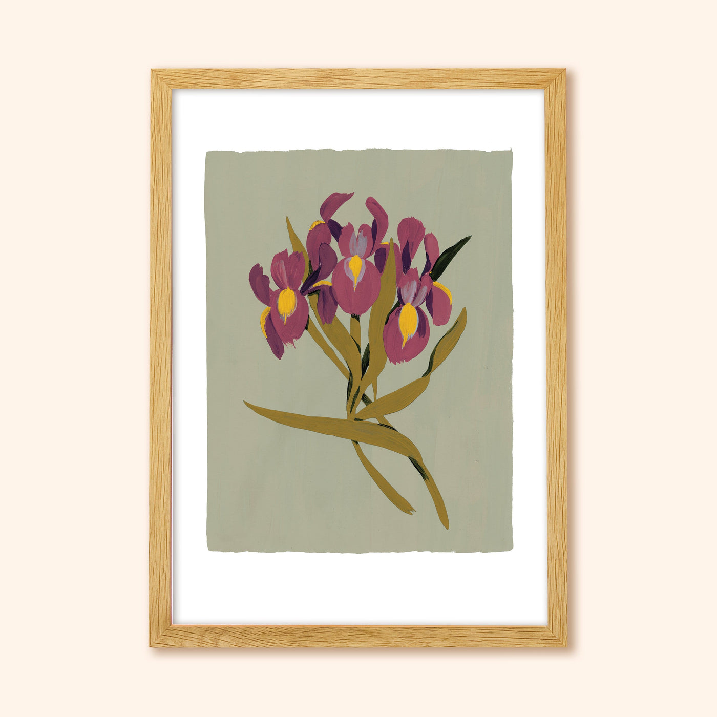 A Botanical Green Floral Print With Purple Iris's In Oak Frame - Annie Dornan Smith