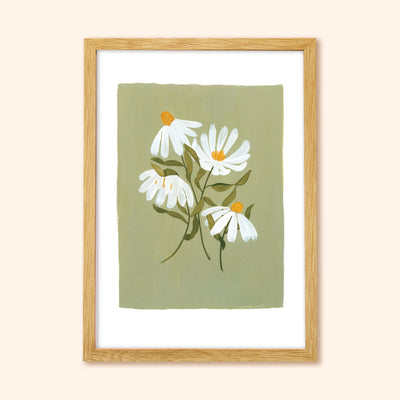 A Botanical Green With White Cone Flowers Floral Print In An Oak Frame - Annie Dornan Smith