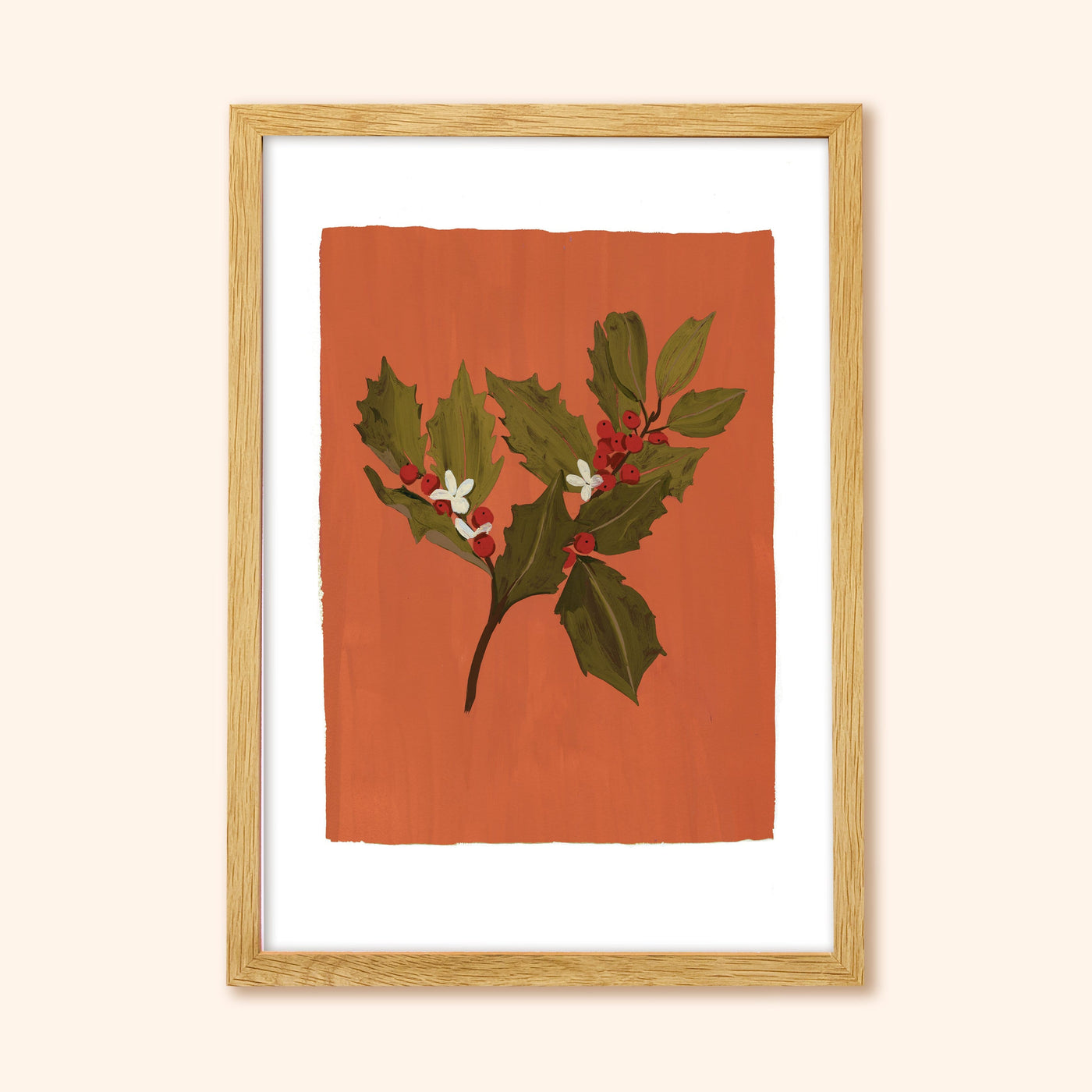 Botanical Illustration Of A Sprig Of Holy on A Warm Orange Background In An Oak Frame - Annie Dornan Smith