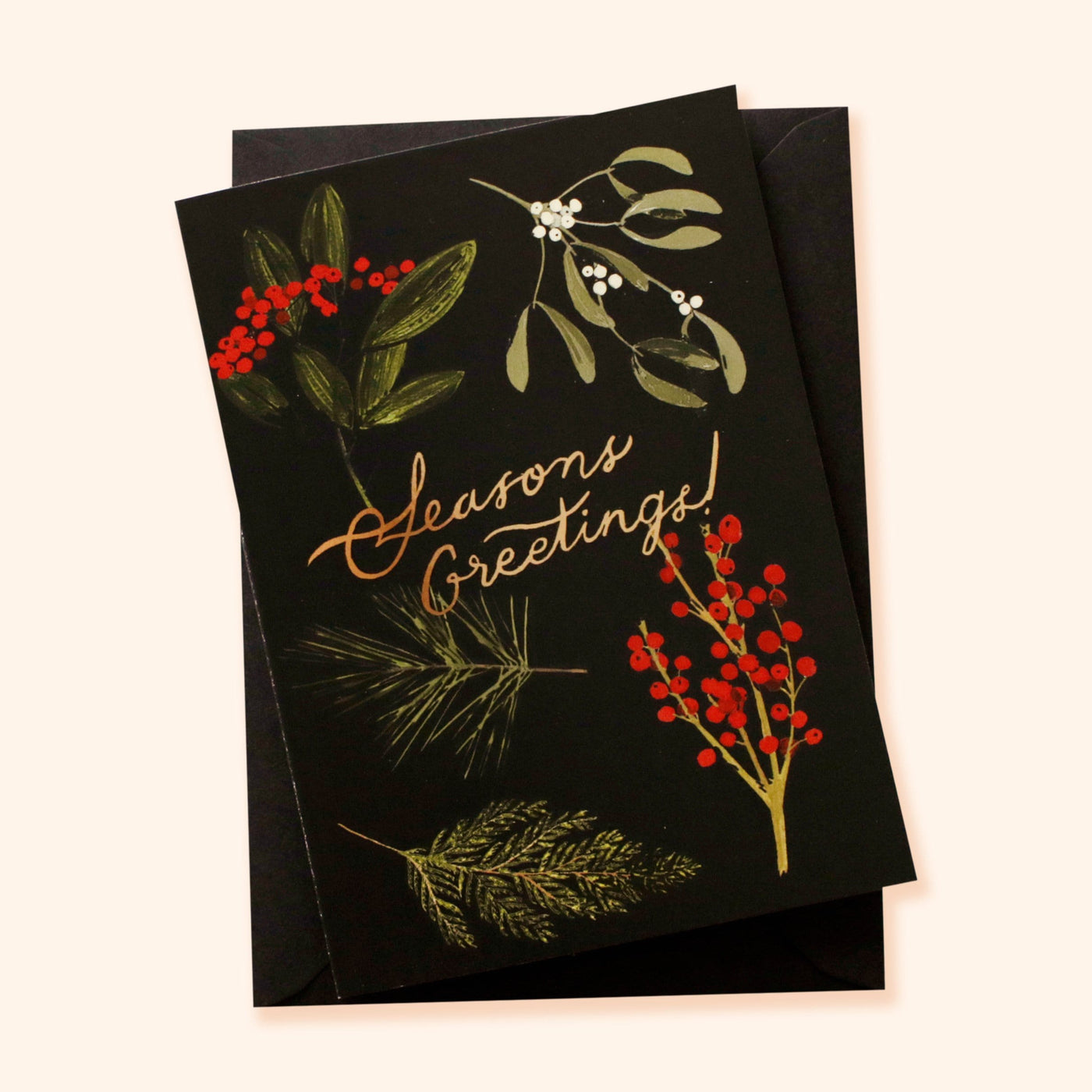 Christmas Botanical Illustrations On A Black Seasons Greetings A6 Card  With Black Envelope - Annie Dornan Smith