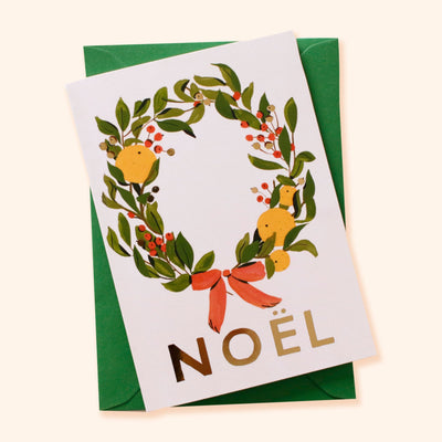 Illustrated Christmas Wreath A6 White Card With Gold Noel Lettering With Green Envelope - Annie Dornan Smith