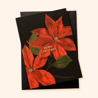 Red Poinsettia Illustration On A Black Merry Christmas Greetings A6 Card  With Black Envelope - Annie Dornan Smith