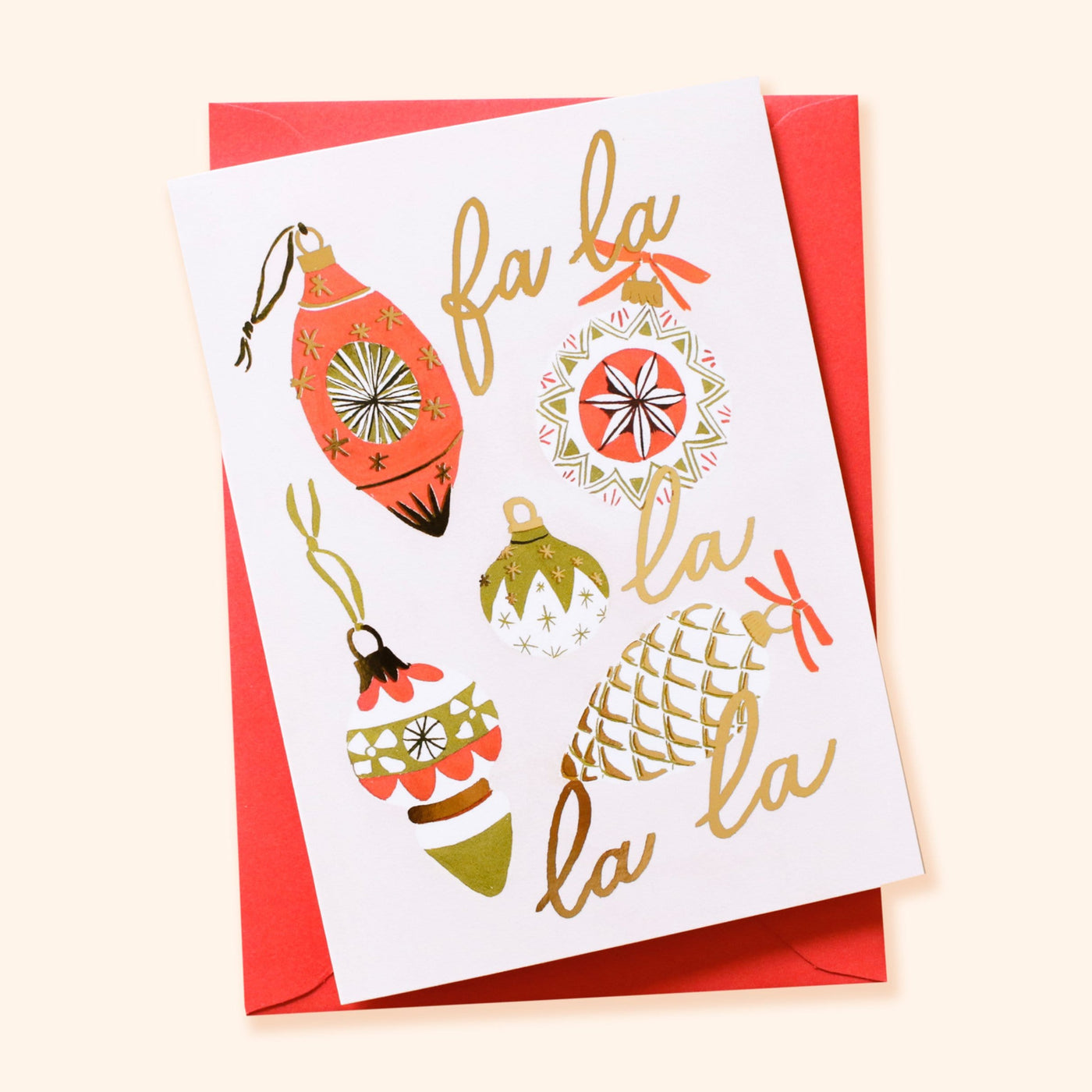 Illustrated Vintage Bauble Christmas Card With Fa La La La La In Gold With Matching Red Envelope - Annie Dornan Smith