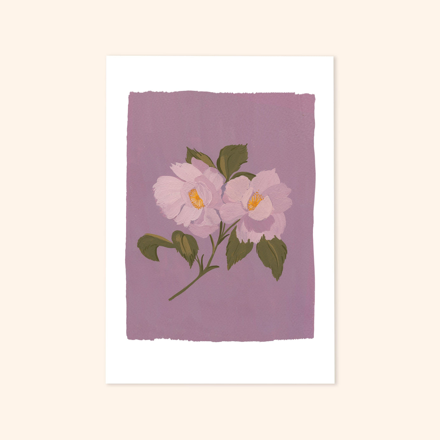 a print of a pair of illustrated light purple roses on a lilac background.