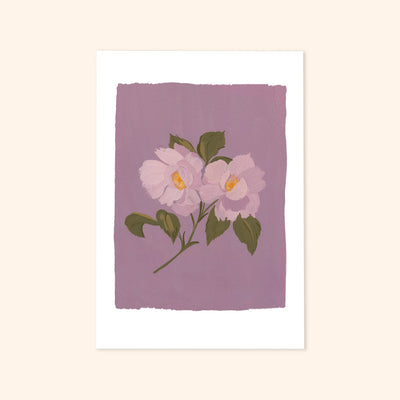 a print of a pair of illustrated light purple roses on a lilac background.