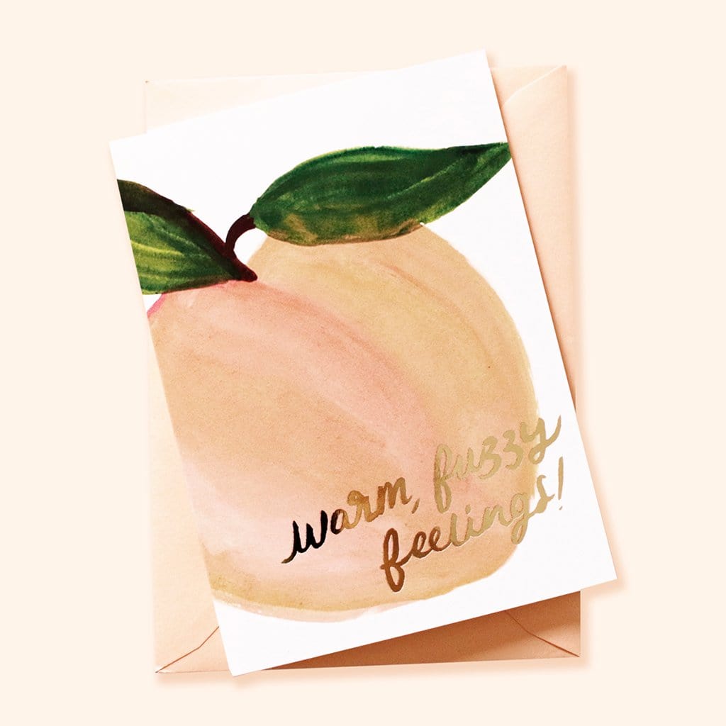 Illustrated Peach A6 Card With Warm Fuzzy Feelings In Gold With A Peach Envelope - Annie Dornan Smith