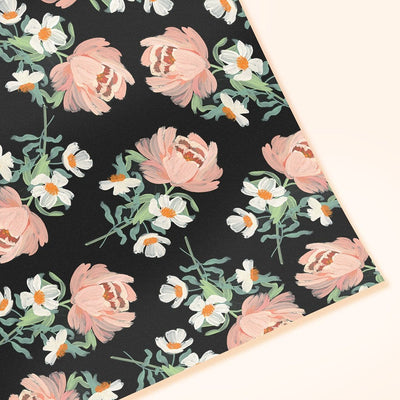 Illustrated Pink Peony Floral Wrapping Paper On A Black Background - Annie Dornan Smith