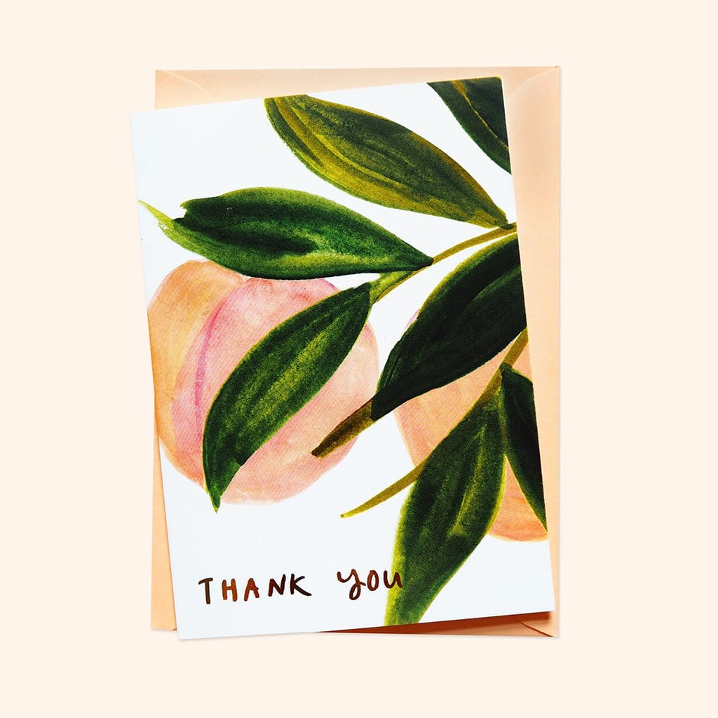 Illustrated Peach and Green Leaf Card With Thank You In Gold Lettering With Peach Envelope - Annie Dornan Smith