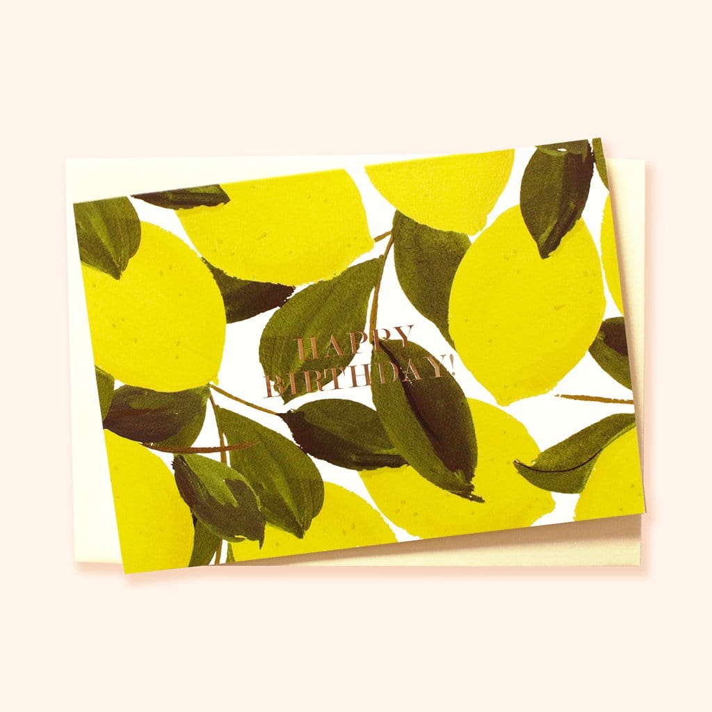 Illustrated Lemon and Green Leaf A6 Card With Happy Birthday In Gold Lettering With Pale Yellow Envelope - Annie Dornan Smith