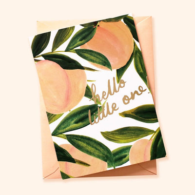 Illustrated Peach A6 Card With Hello Little One In Gold With A Peach Envelope - Annie Dornan Smith