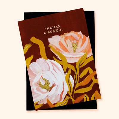 Illustrated Rich Red Floral Card With White Pink And Yellow Flowers And Gold Thanks A Bunch Lettering With A Black Envelope - Annie Dornan Smith
