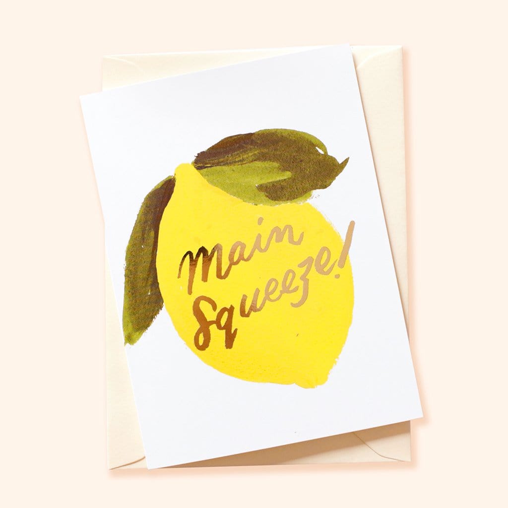 Illustrated Lemon and Green Leaf A6 Card With Main Squeeze In Gold Lettering With Pale Yellow Envelope - Annie Dornan Smith