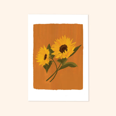 A Botanical Print Of Two Sunflowers On A Burnt Orange Background - Annie Dornan Smith