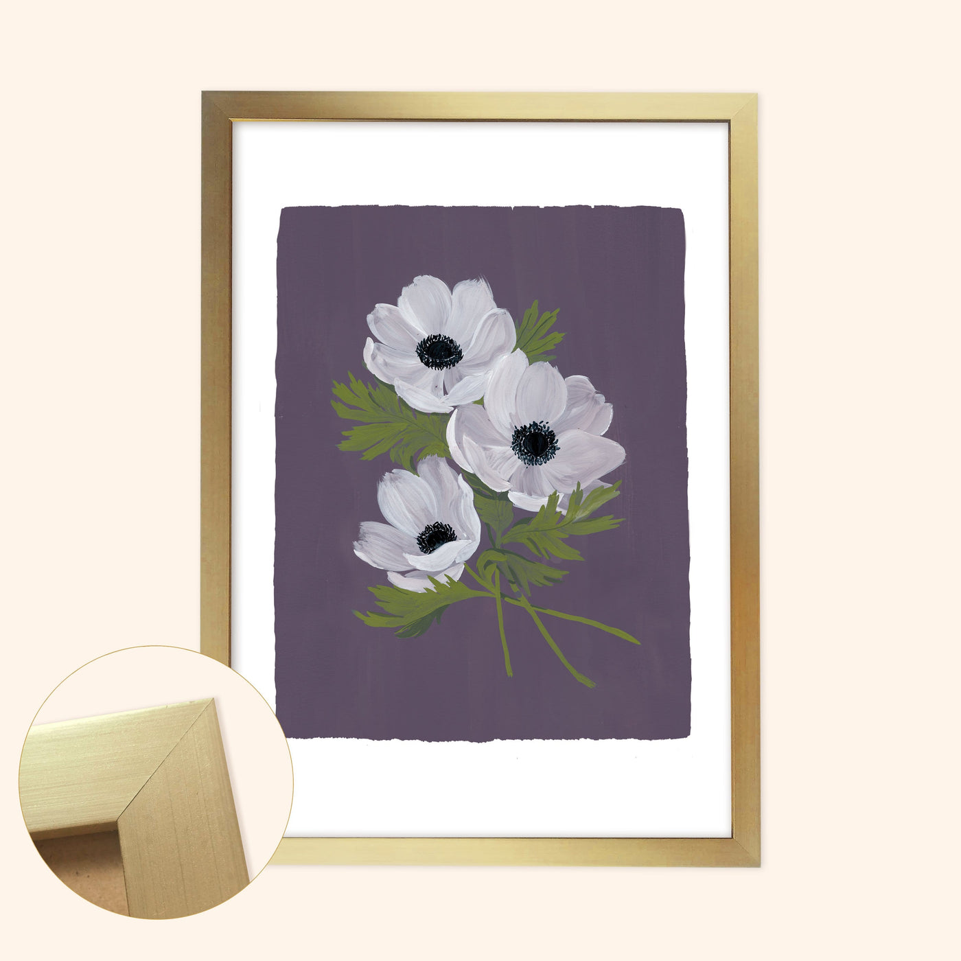 Purple Floral Botanical Art Print - White Anemone
