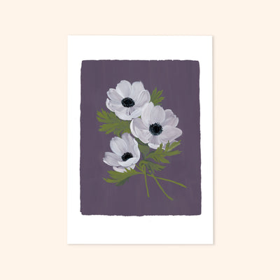 A Botanical Print With A Stem Of Anemones On A Purple Background - Annie Dornan Smith
