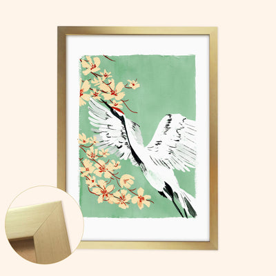 Teal Botanical Japanese Crane Bird Print