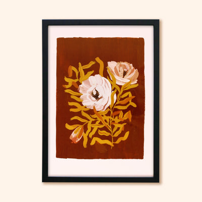 Brown Floral Botanical Giclee Print Sith English Tea Roses In Black Frame - Annie Dornan Smith