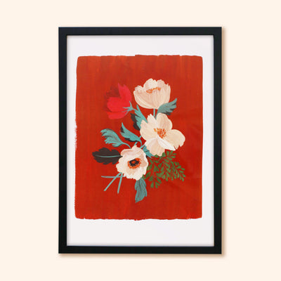 Red Floral Botanical Giclee Print Anemone Flowers On A Deep Red Background In A Black Frame - Annie Dornan Smith