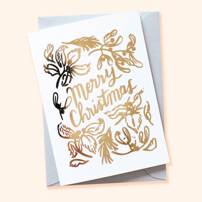 Gold Foiled Mistletoe And Merry Christmas A6 White Car With Grey Envelope - Annie Dornan Smith