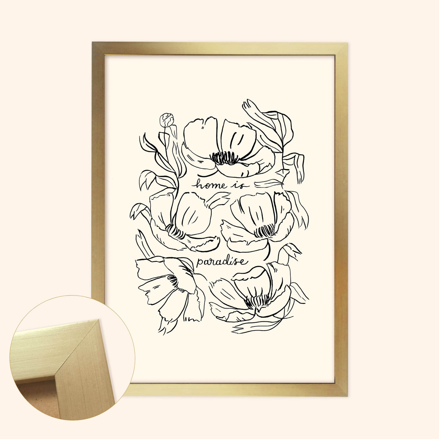 Black Floral Line Art Work Print With The Words Home Is Paradise In A Gold Frame - Annie Dornan Smith