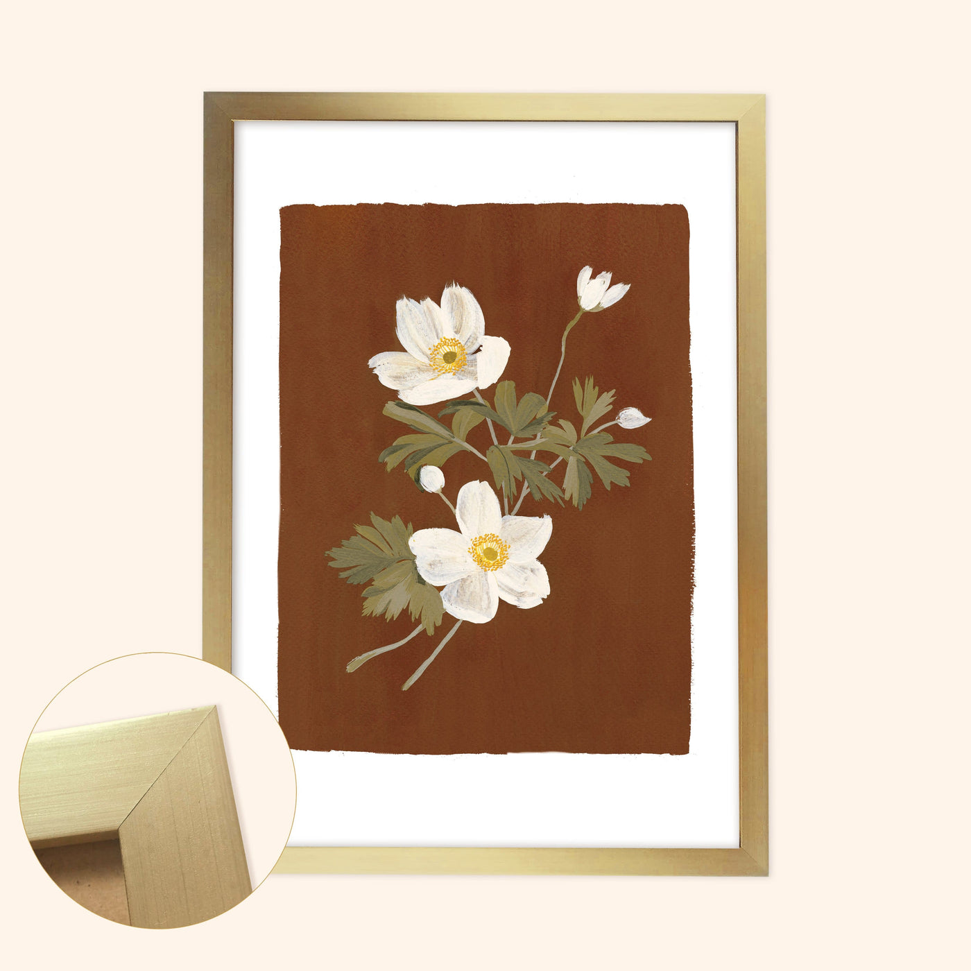 Brown Floral Botanical Art Print - Japanese Anemone