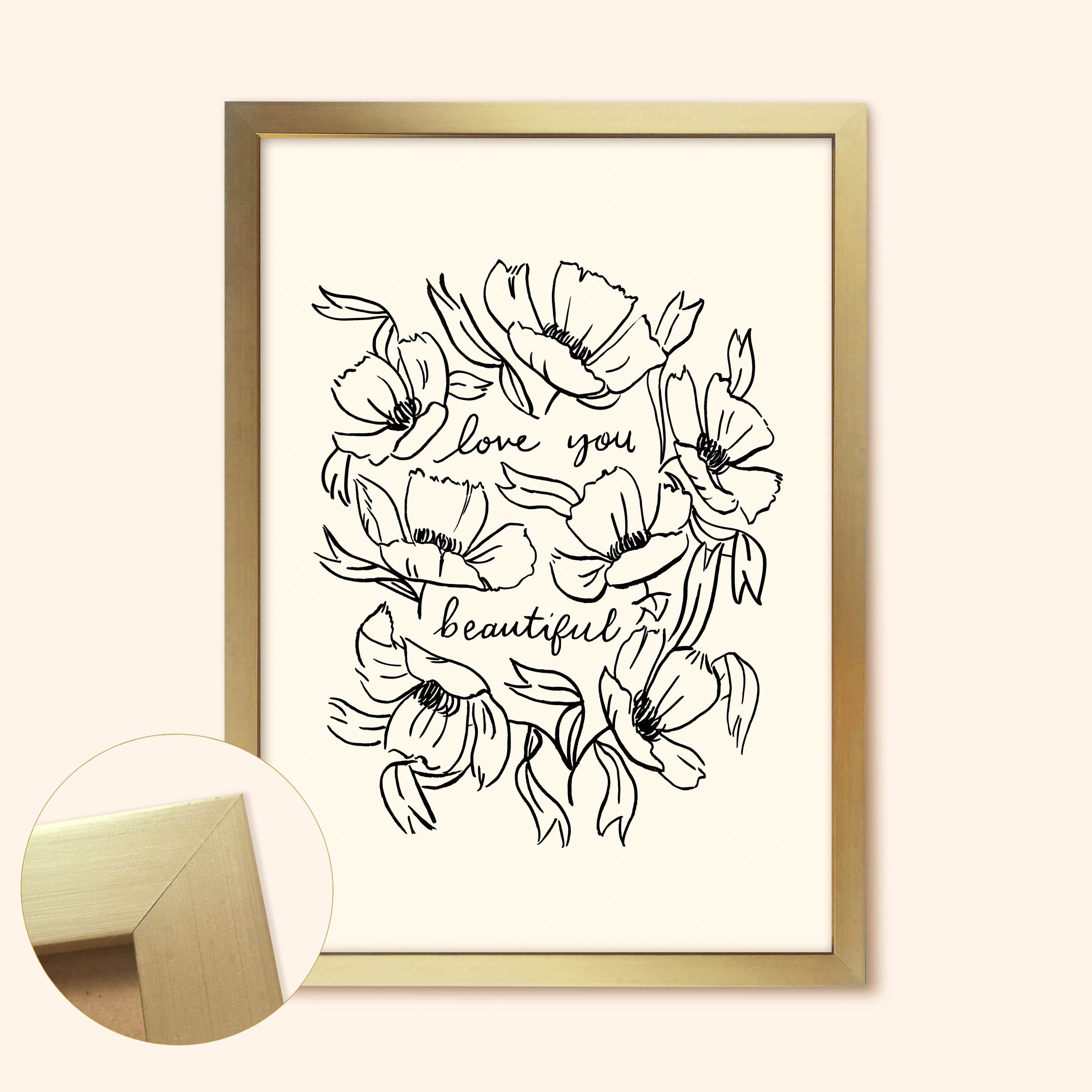 Black Line Floral Art Print Love You Beautiful In A Gold Frame  - Annie Dornan Smith