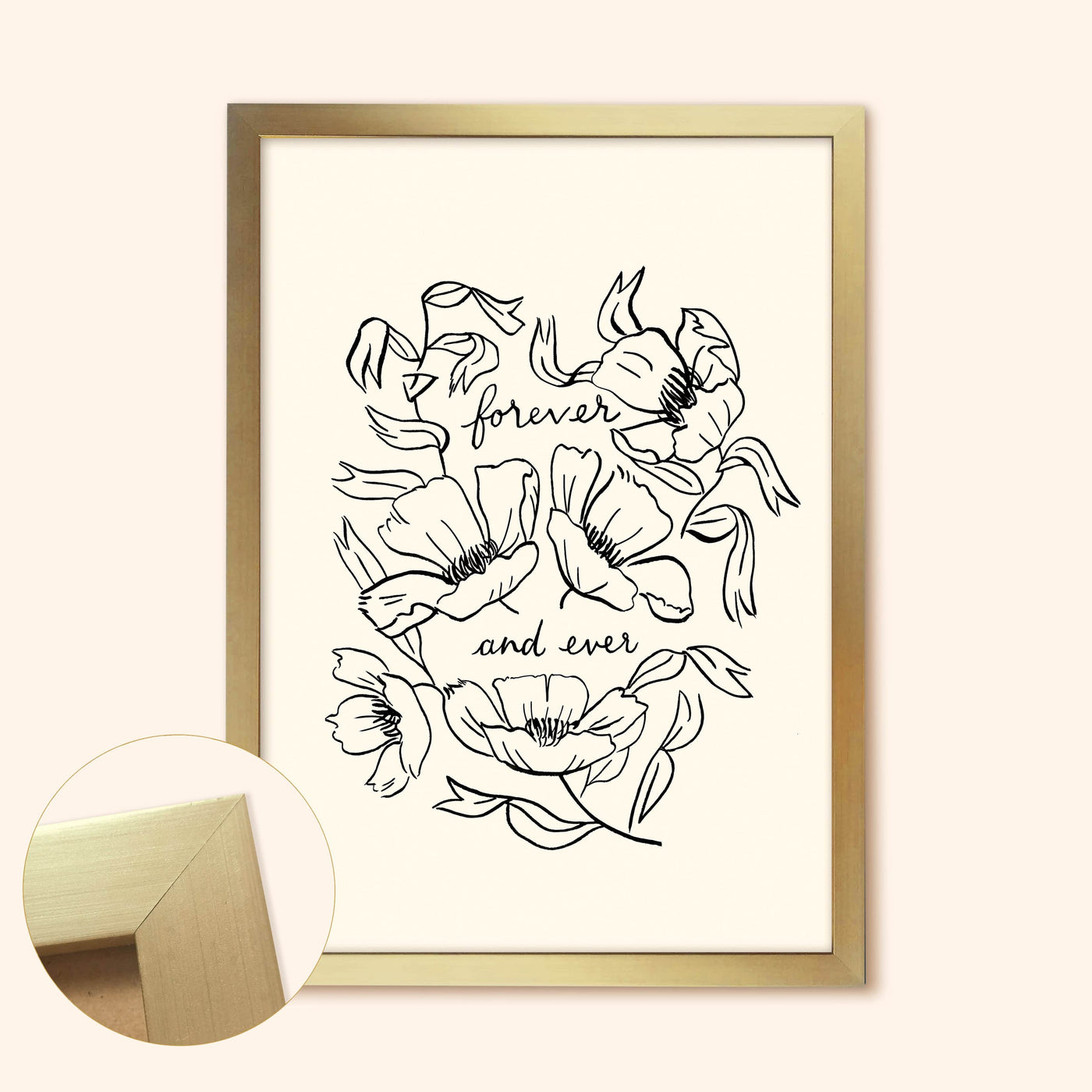 Black Line Floral Art Print Forever And Ever You In A Gold Frame  - Annie Dornan Smith
