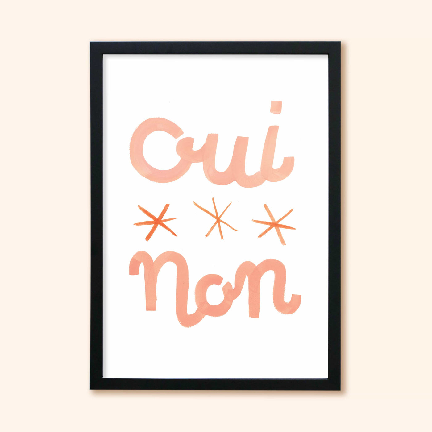 Typographic Print With The Words Oui Non And Three Stars In Peach In A Black Frame - Annie Dornan Smith