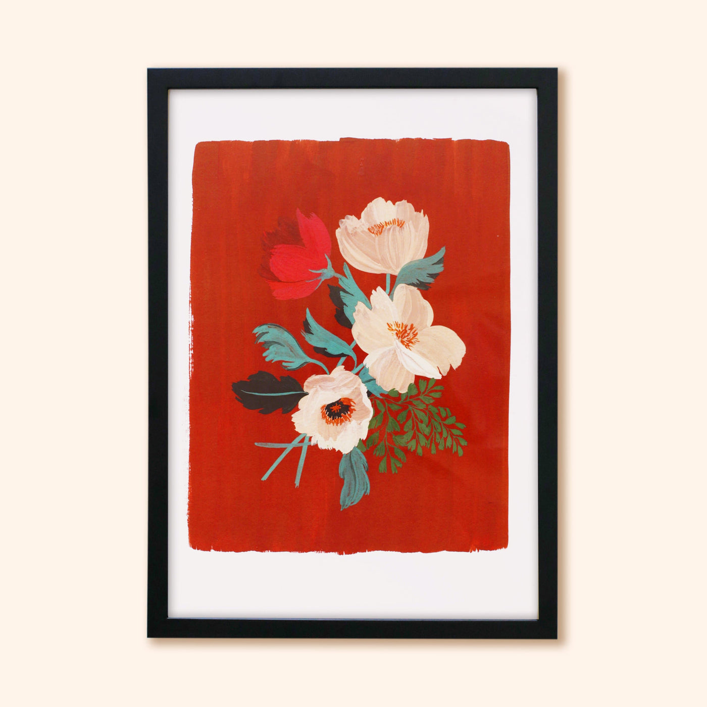 Red Floral Botanical Art Print With A Spray of Anemone Flowers On A Deep Red Background In A Black Frame - Annie Dornan Smith