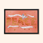 "PEACE" in gold lettering on a pink background, inside a black wood frame