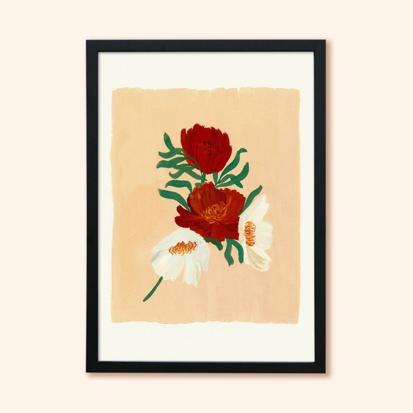 A3 Floral Print With Red and White Cosmos Flowers In A Black Frame -  Annie Dornan-Smith