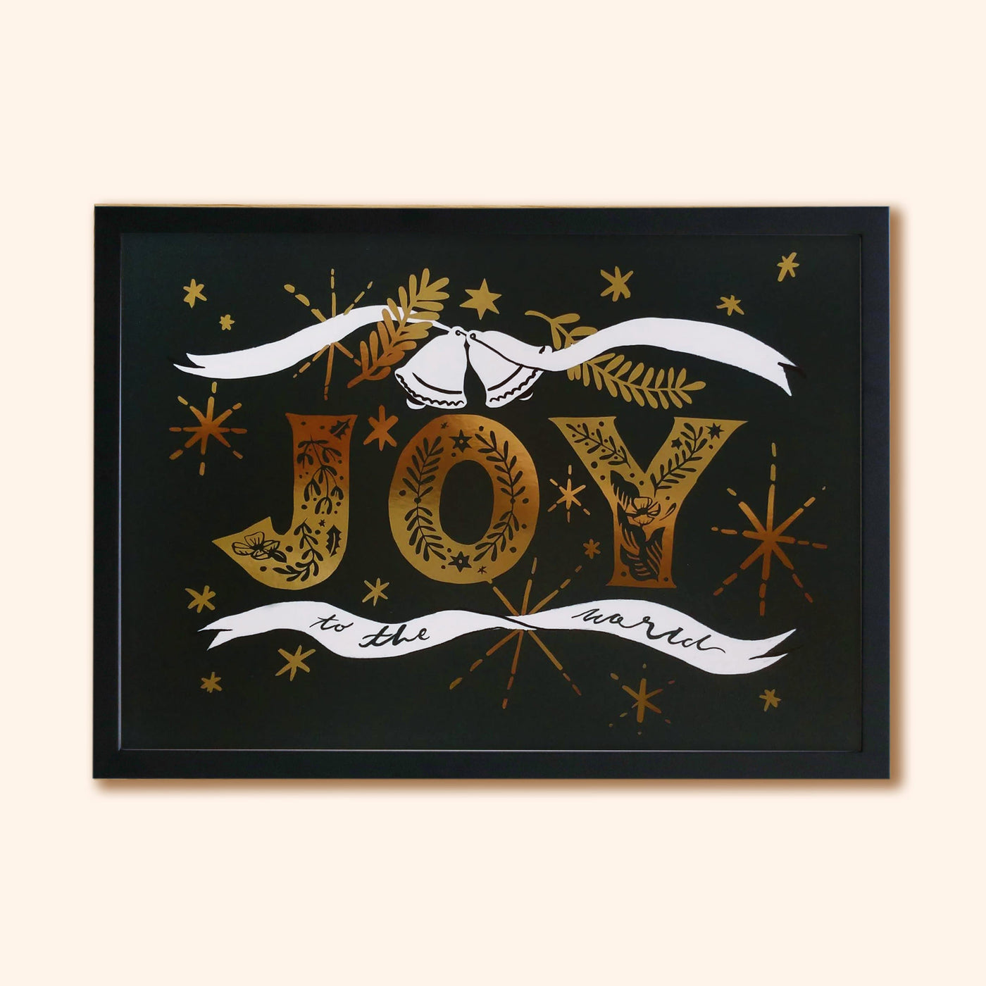 Navy Christmas Print With Gold Joy Lettering And Stars In A Black Frame - Annie Dornan Smith