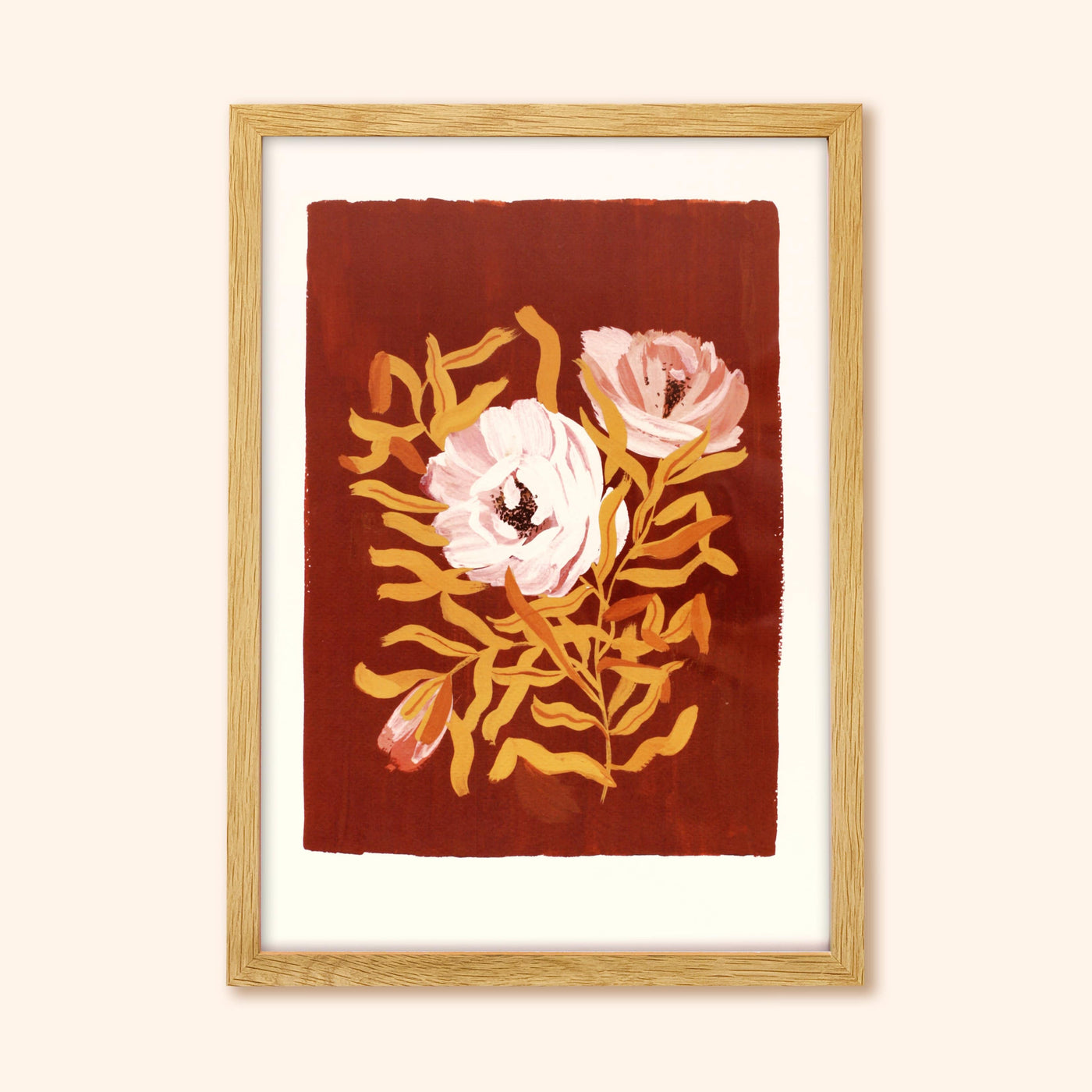 Brown Floral Botanical Art Print With English Tea Roses In Oak Frame - Annie Dornan Smith